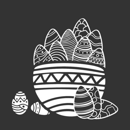 Easter eggs with different patterns in basket, dark background. Vector image.のイラスト素材