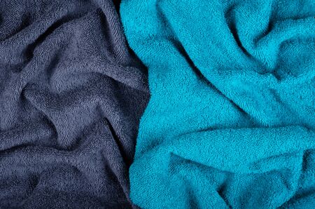 Blue towel fabric texture, top view photo, copy space background.の写真素材