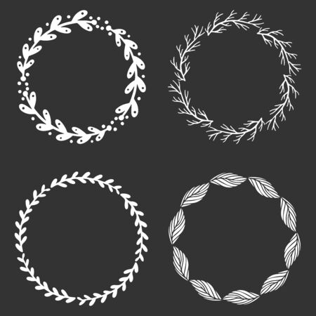 Four floral wreaths set, nature decoration vector on dark background.のイラスト素材