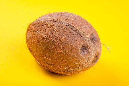 Raw whole coconut on yellow background composition. Flat lay and top view photo with copy space.の写真素材