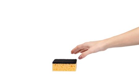 Hand with orange kitchen sponge, dishware foam. Isolated on white background. Copy space, template.の写真素材