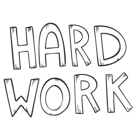 Hard Work lettering in line art style, isolated on white background. Motivational quote vector.のイラスト素材
