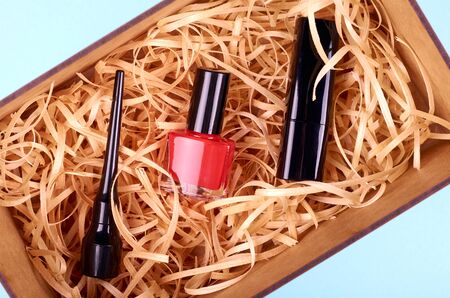 Make up concept idea, flat lay photo. Cosmetic accessory.の写真素材