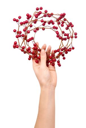 Hand with red berry wreath, holiday decoration. Isolated on white background.の写真素材