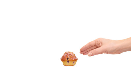 Hand with homemade blueberry cupcake. Isolated on white background. Copy space, template.