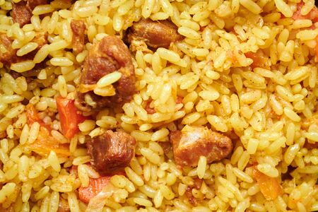 Macro photo of pilaf, golden rice, asian food. Close up image.の写真素材
