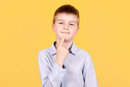 Portrait of a brunette boy pointing finger up, idea concept, thinking. Isolated on yellow background.の写真素材