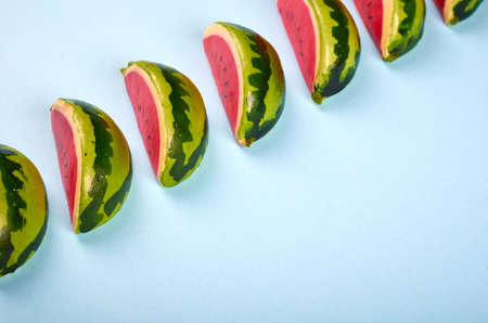 Watermelon slices composition on color background.の写真素材