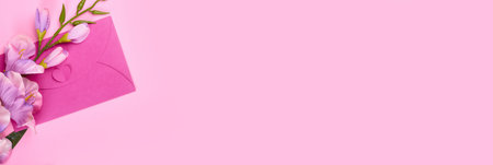 Envelope and flowers on pink background composition.