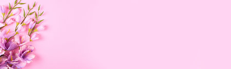 Decorative flowers on pink background composition.の写真素材