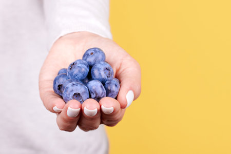 Fresh blueberry in hand, isolated.の写真素材