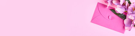 Envelope and flowers on pink background composition.