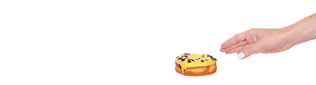 Sweet donut with icing and chocolate drops.