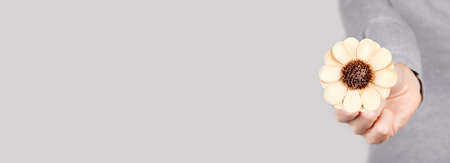 Hand with decorative flower on grey.の写真素材