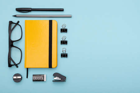 Set of office items lie on the table. Minimalistic set for work and studyの写真素材