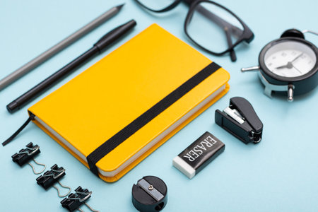 Set of office items lie on the table. Minimalistic set for work and studyの写真素材