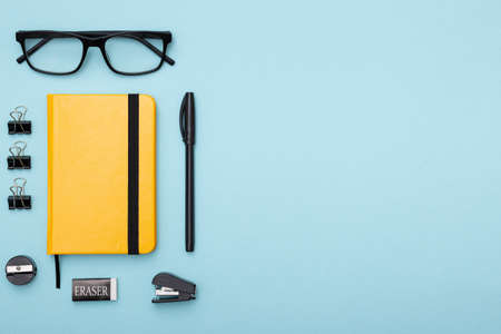 Set of office items lie on the table. Minimalistic set for work and studyの写真素材