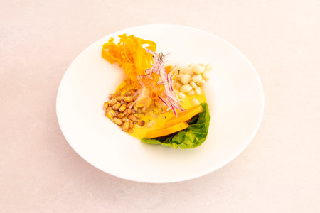 Peruvian sea bass ceviche with sweet potato, lettuce, red onion, squid and corn kernelsの写真素材