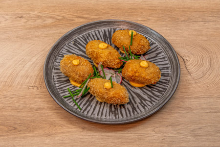 Image of appetizing boletus croquettes with chives and radishes on a beautiful gray plate on top of...