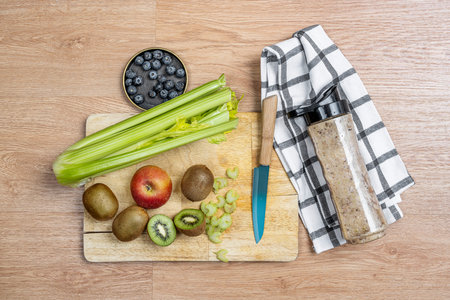 Top view image of fruits and vegetables to make a detox juiceの写真素材