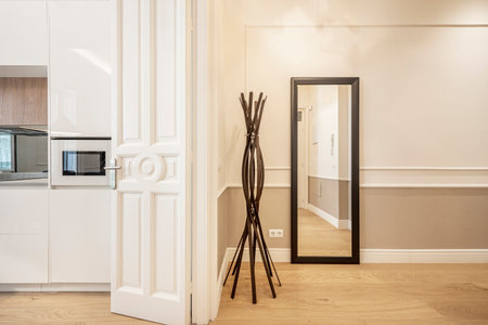 Hall with coat rack and mirror and entrance to the kitchen in a vacation rental apartment in Madridの写真素材