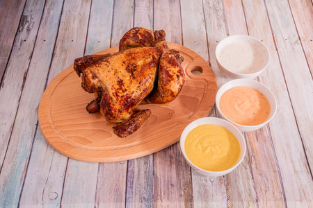 Rotating skewer roasted whole chicken on light wood planks and dip sauce bowls and wood bottom