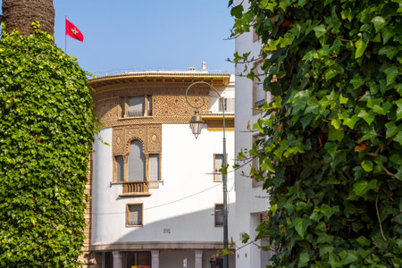 Moroccan building facade with bas-reliefs with Arabic motifsの写真素材