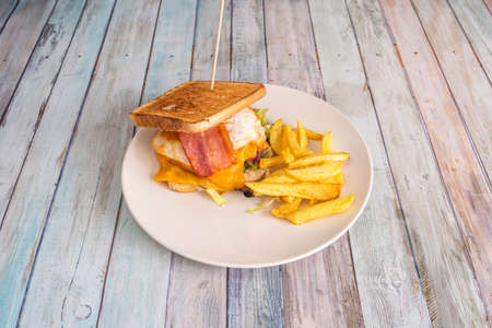 Homemade sandwich with fried egg, bacon and slices of cheddar cheese, lettuce and chicken meat, garnish of homemade fried potatoes on white plate and wooden tableの写真素材