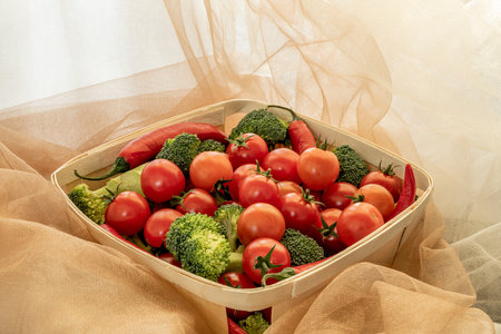 Tray of seasonal vegetables and cherry tomatoes with raw broccoli and red hot chili peppers on light...