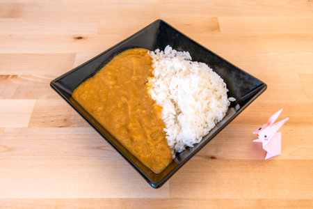 Super yellow chicken curry with coconut and white rice garnish with origami bunny Japaneseの写真素材