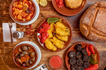 set of dishes with recipes of atavica Spanish food with snails, cod battered with fried peppers, cayenne, tripe, Spanish omelette, fried rice black pudding and loaf of breadの写真素材