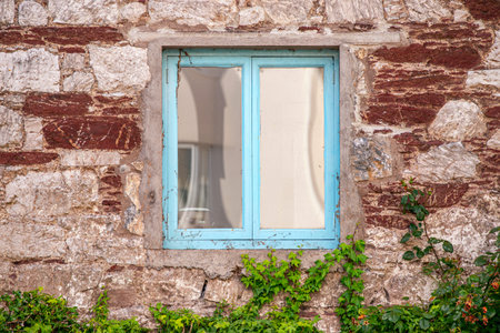 Blue painted wooden window in reddish stone wall and creepers at the base