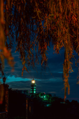 Night image of a maritime lighthouse on the Turkish Black Sea coast