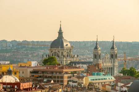 Domes and towers of the Madrid cathedral and the city's skylineの写真素材