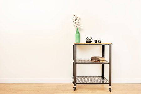 Industrial style trolley with green bottle with decorative cotton branch and black tea set with vintage books in an empty apartmentの写真素材