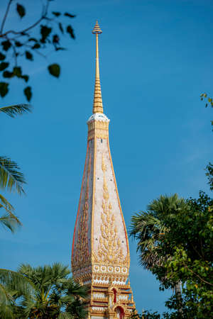 Detail of golden dome of Buddhist temple among the treetopsの写真素材