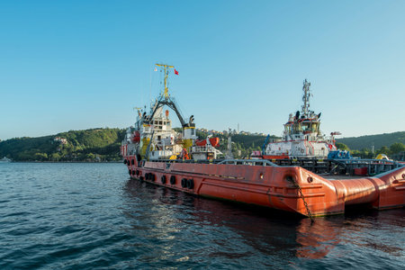 Tugboats moored on the shore of the Bosphorus channel north of Istanbul
