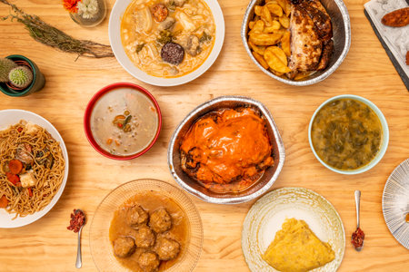 Set of food dishes prepared in a takeaway kitchen with roast chicken, typical Spanish legumes stews, beef meatloaf, potato omelette and arroz noodles with sautÃ©ed vegetablesの写真素材