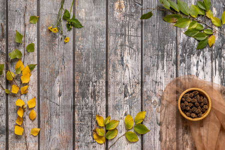 Autumn still life with deciduous leaves, dandelion flowers and berries on wooden table with brown tulleの写真素材