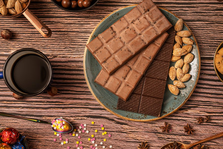 Still life with chocolate in bars with coffee and tea, chocolates, hazelnuts and roasted salted...
