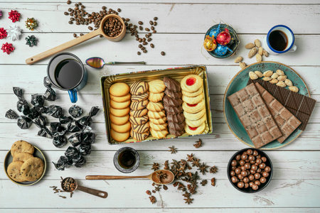 Still life sweet top view with chocolates, chocolate bars, coffee and tea, almonds, star anise and clovesの写真素材