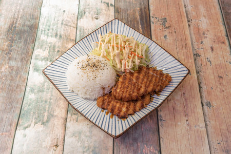 Asian Recipe for Crispy Pork Tenderloin with Yakitori Sauce, Vegetable Salad and White Rice with Sesame and Poppy Seeds on Ceramic Plateの写真素材