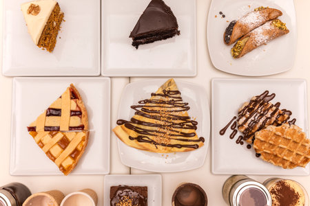 Set of assorted dessert plates, waffles with chocolate, cannolis, tarts and pancakes with chocolate...