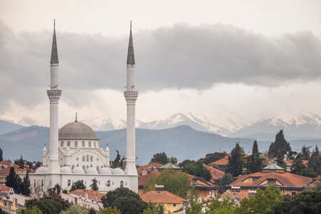 Mosque with two white minarets in the Asian area of Istanbul, Turkeyの写真素材