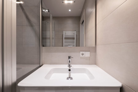 Small white porcelain sink with square glass mirror, white towel-drying radiator and shower screen