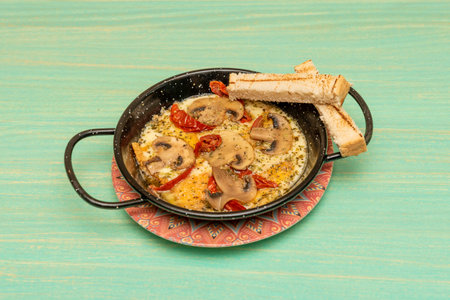 Great Italian recipe for a portion of roasted provolone cheese in a container along with mushroom slices, after tomato, a lot of oregano and toasted bread for dippingの写真素材