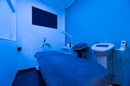 Cabin with stretcher and equipment for dermo-aesthetic treatments with dim blue lightのeditorial素材