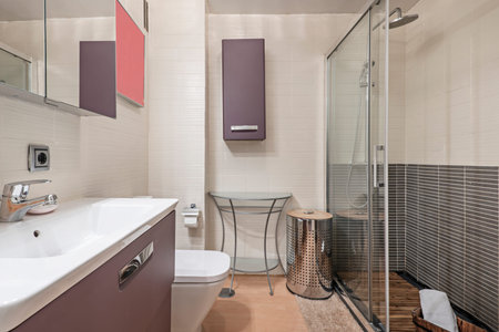 Bathroom with shower cabin with sliding glass screen, white resin washbasin and cabinet with mirror...