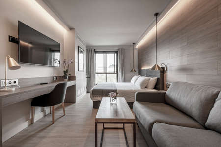 Hotel room with king-size bed, two-seater sofa bed, wooden desk with upholstered chair, wall-mounted flat-screen TV, and wooden coffee tableのeditorial素材