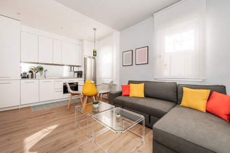 White kitchen open to living room with methacrylate coffee tables and gray fabric three-seater sofa...